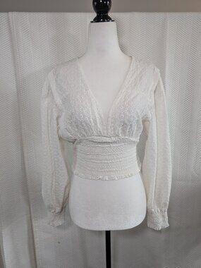 O. Vianca White Eyelet Cropped Blouse Deep V Smocked Waist Boho Romantic Medium